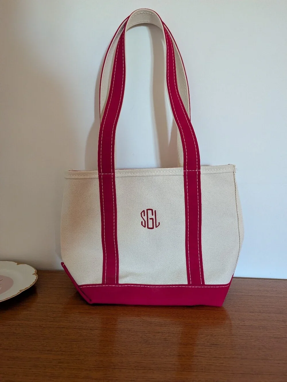 Vintage 80s LL Bean Boat And Mini Tote Bag Red White USA Long Handle Deadstock